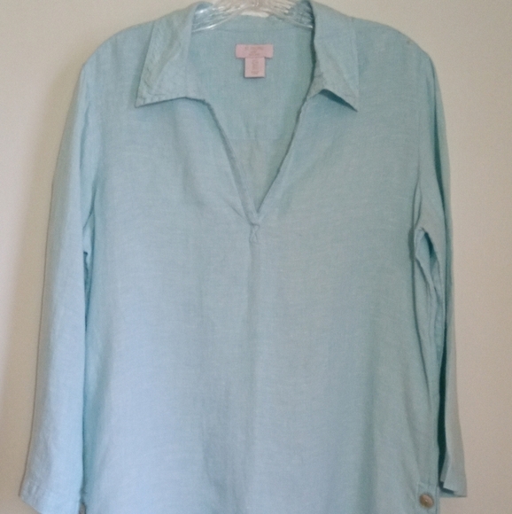 St Tropez West aqua blue collared vneck linen top women's size small - Picture 1 of 6